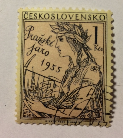 Почтовая марка Чехословакия (Ceskoslovensko ) Woman with lyre | Год выпуска 1955 | Код каталога Михеля (Michel) CS 909