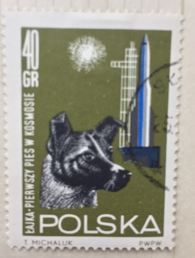 Почтовая марка Польша (Polska) Dog and Spaceship | Год выпуска 1964 | Код каталога Михеля (Michel) PL 1555