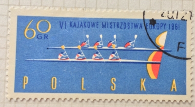 Почтовая марка Польша (Polska) Four-man canoes and "E" | Год выпуска 1961 | Код каталога Михеля (Michel) PL 1255A