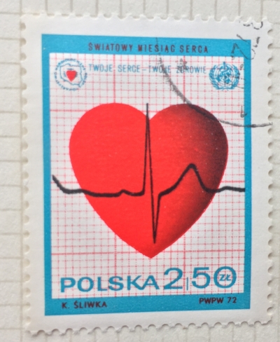 Почтовая марка Польша (Polska) Heart and Electro-cardiogram | Год выпуска 1972 | Код каталога Михеля (Michel) PL 2148