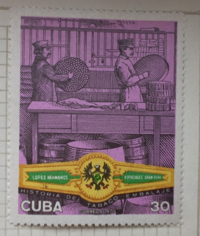 Почтовая марка Куба (Cuba correos) Packing of cigars in the 19th century, "Gran Peña" - cigar b | Год выпуска 1970 | Код каталога Михеля (Michel) CU 1608