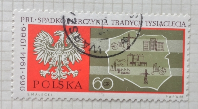 Почтовая марка Польша (Polska) Eagle and map of Poland | Год выпуска 1966 | Код каталога Михеля (Michel) PL 1739