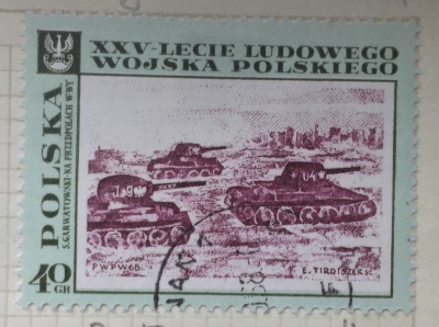 Почтовая марка Польша (Polska) Tanks approaching Warsaw, by S.Garwatowski | Год выпуска 1968 | Код каталога Михеля (Michel) PL 1876
