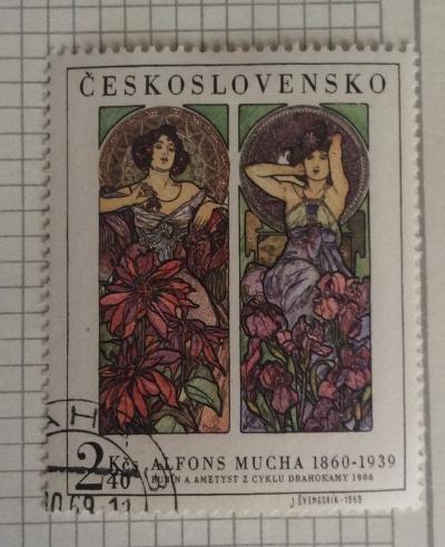 Почтовая марка Чехословакия (Ceskoslovensko) Alfons Mucha: Ruby and Amethyst | Год выпуска 1967 | Код каталога Михеля (Michel) CS 1887