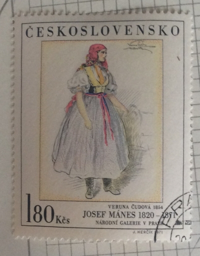 Почтовая марка Чехословакия (Ceskoslovensko) Veruna Cudova in folk costume, by Josef Manes (1854) | Год выпуска 1971 | Код каталога Михеля (Michel) CS 2035