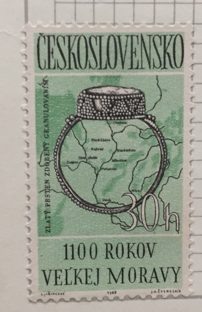 Почтовая марка Чехословакия (Ceskoslovensko) 9th cent. Ring, Map of Moravian settlements | Год выпуска 1969 | Код каталога Михеля (Michel) CS 1407