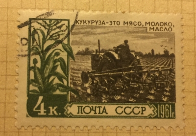 Почтовая марка СССР Культивация посевов кукурузы | Год выпуска 1961 | Код по каталогу Загорского 2451