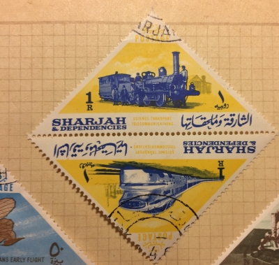 Почтовая марка Шарджа (Sharjah postage) Steam locomotive | Год выпуска 1965 | Код каталога Михеля (Michel) AE-SH 137-138A
