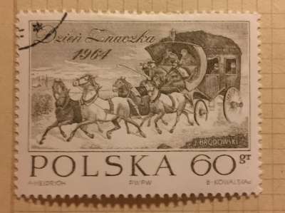 Почтовая марка Польша (Polska) Stagecoach by J.Brodowski | Год выпуска 1964 | Код каталога Михеля (Michel) PL 1530