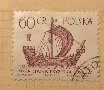 Почтовая марка Польша (Polska) Frisian "Kogge" (14th.cent) | Год выпуска 1963 | Код каталога Михеля (Michel) PL 1388