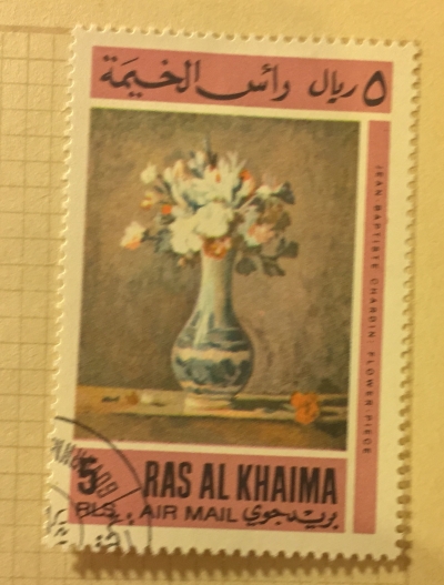 Почтовая марка Рас-Аль-Хайма (Ras al Khaima) Vase with flowers, by Jean Baptiste Siméon Chardin | Год выпуска 1967 | Код каталога Михеля (Michel) RK 180A