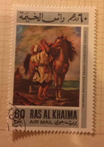Почтовая марка Рас-Аль-Хайма (Ras al Khaima) Moroccan saddling his horse (1855), by Eugène Delacroix | Год выпуска 1967 | Код каталога Михеля (Michel) RK 175A