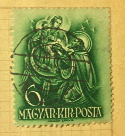 Почтовая марка Венгрия (Magyar Posta) Stephen offering Holy Crown to Vigin Mary | Год выпуска 1938 | Код каталога Михеля (Michel) HU 555