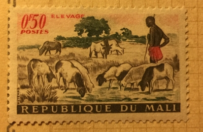 Почтовая марка Мали (Republique du Mali) Domestic Sheep (Ovis ammon aries), Cattle (Bos primigenius t | Год выпуска 1961 | Код каталога Михеля (Michel) ML 30