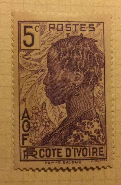 Почтовая марка Кот-д’Ивуар (Cote divoire postes) Baoule woman & coffee branches | Год выпуска 1936 | Код каталога Михеля (Michel) CI 116
