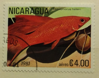 Почтовая марка Никарагуа (Nicaragua correos) Green Swordtail (Xiphophorus helleri) | Год выпуска 1981 | Код каталога Михеля (Michel) NI 2214