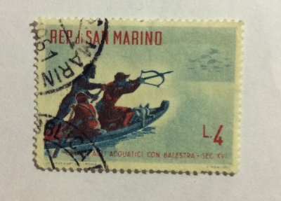Почтовая марка Сан-Марино (Rep San Marino) Duck shooting with crossbow | Год выпуска 1961 | Код каталога Михеля (Michel) SM 689