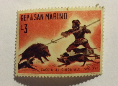 Почтовая марка Сан-Марино (Rep San Marino) Wild boar hunt | Год выпуска 1961 | Код каталога Михеля (Michel) SM 688