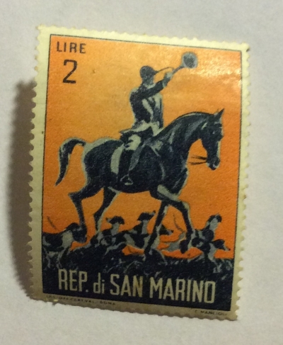 Почтовая марка Сан-Марино (Rep San Marino) Hound master on horseback | Год выпуска 1962 | Код каталога Михеля (Michel) SM 740